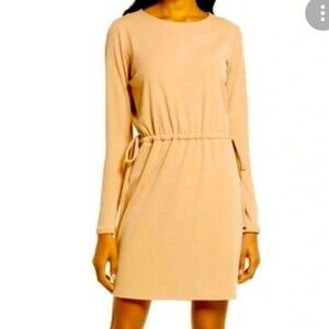 Charles Henry Long Sleeve Knit Dress M Cinched Waist Ribbed Tan Mini NEW B49